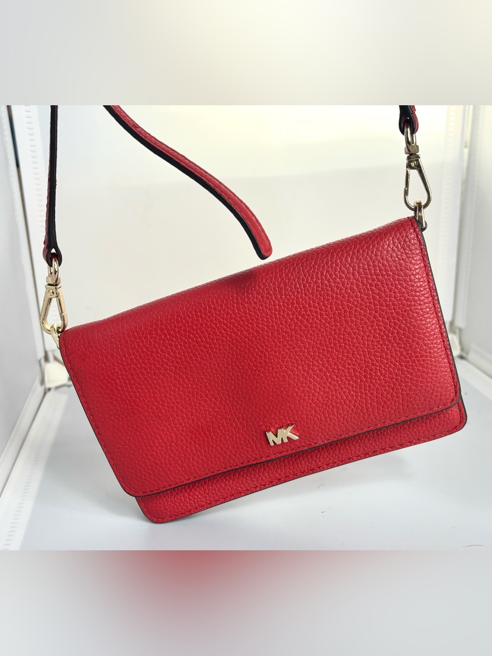 Michael Kors Mott Pebbled Leather Phone Crossbody Wallet Red